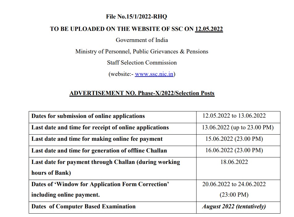 Ssc post phase x online form 2022