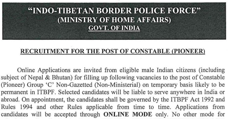 Itbp constable (pioneer) recruitment 2022