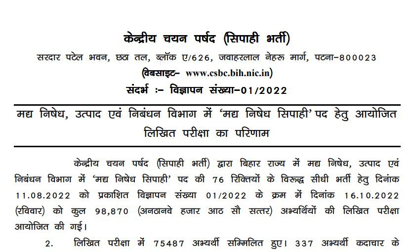 Bihar police prohibition constable result 2022 | total 76 vacancy