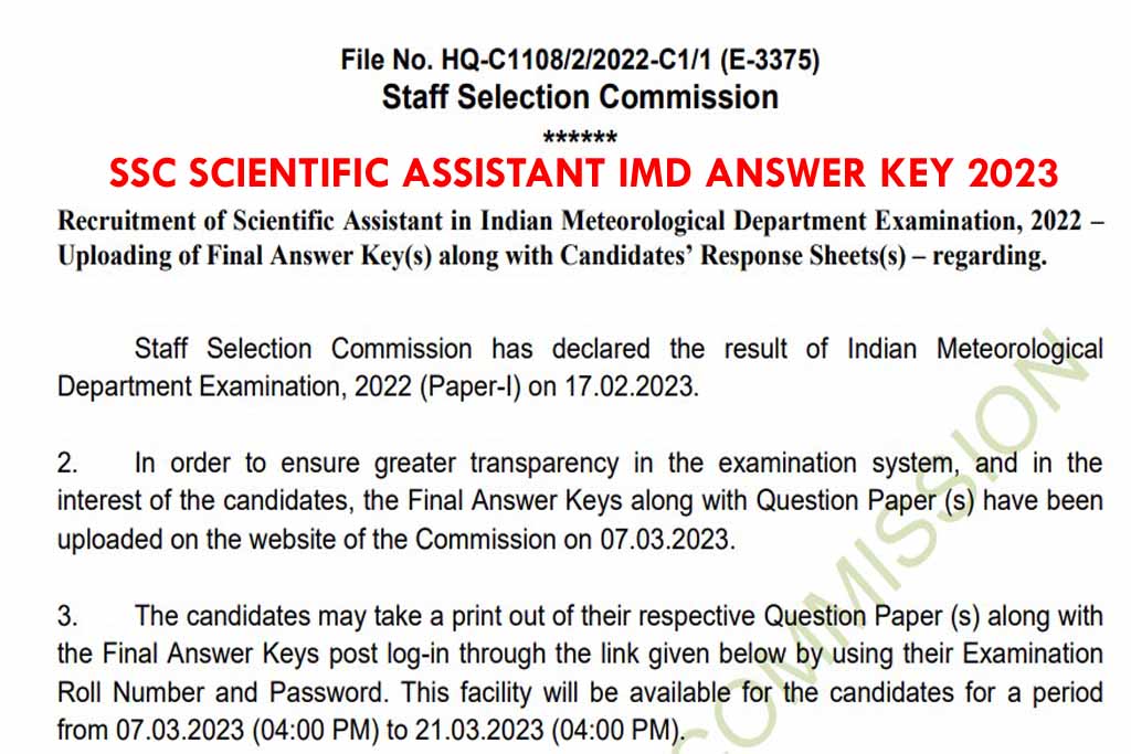 Ssc scientific assistant imd paper 1 answer key 2023