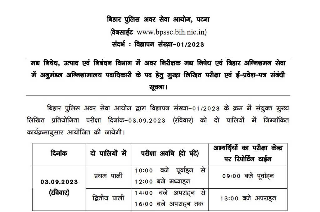 Bihar police si & sdfso recruitment main exam date 2023