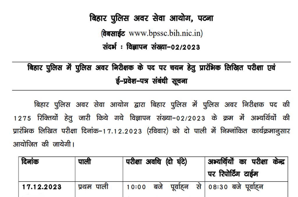 Bihar police sub inspector pt exam & admit card date 2023