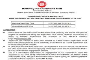 North central railway prayagraj apprentice online form 2023