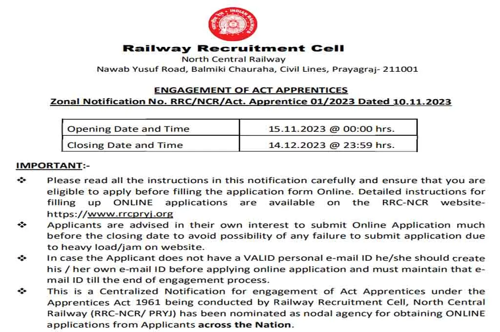 North central railway prayagraj apprentice online form 2023
