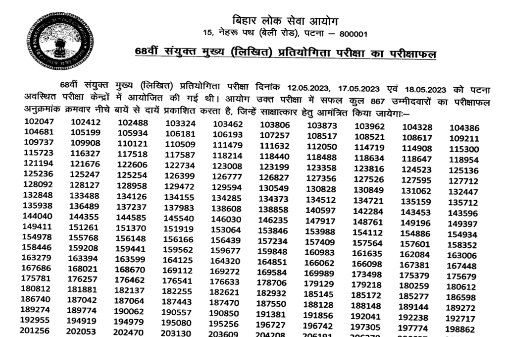 Bihar bpsc 68th main exam result 2023