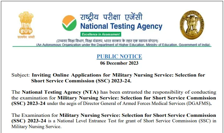 Nta ssc military nursing service exam 2024 online form notification out,