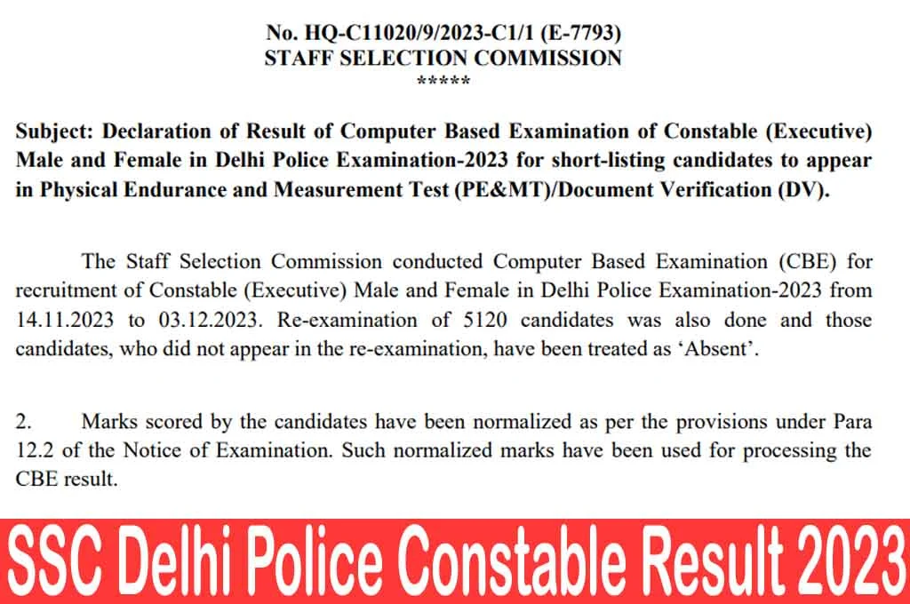 Ssc delhi police constable result 2023