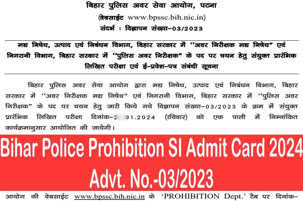 Bihar police prohibition sub inspector admit card / exam date 2024