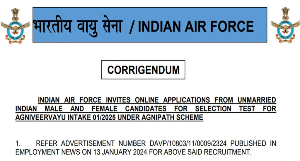 Indian airforce agniveer intake 01/2025 under agnipath scheme 2024