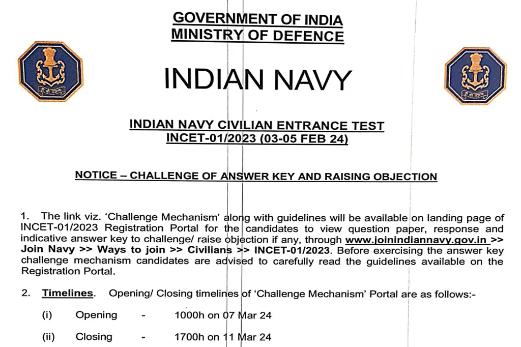Indian navy incet answer key 2024, answer key objection online till 11 march 2024