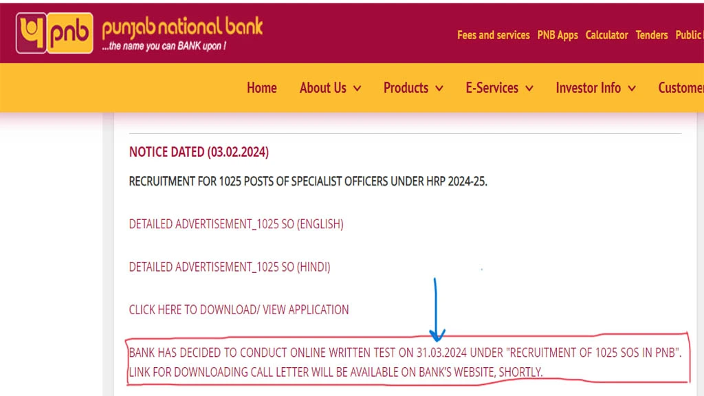 Pnb so recruitment exam date / admit card 2024 for 1025 posts