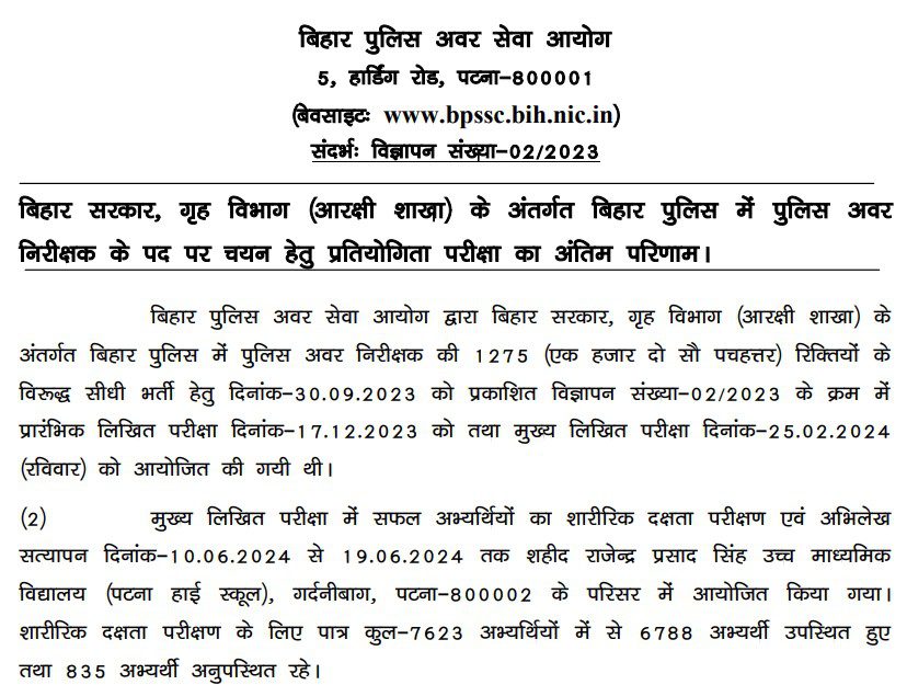 Bihar Police SI Sub Inspector PET Result 2024 Declared