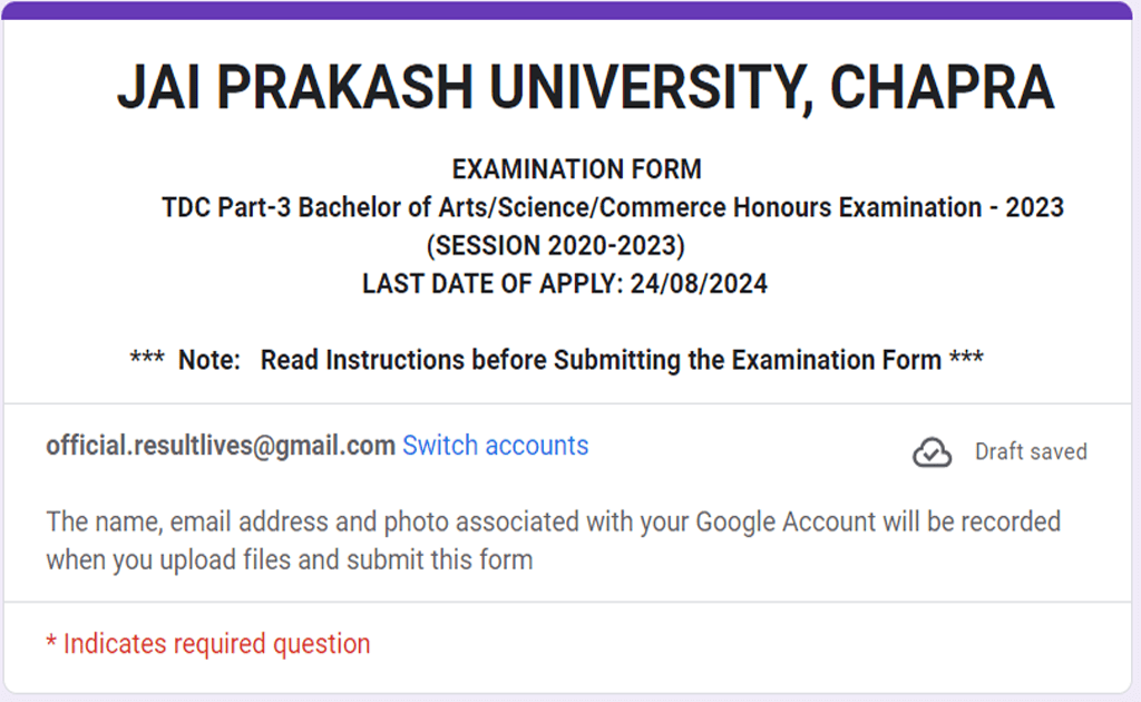 JP University 3rd Year Examination Form Online for Session 2020-2023