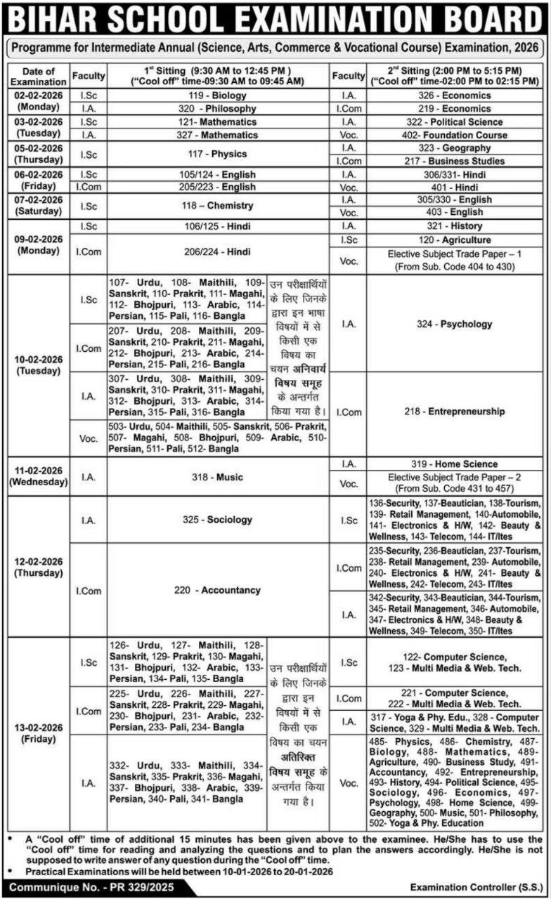 Bihar Board Inter Exam Date 2026, Official Time Table, Examination Program