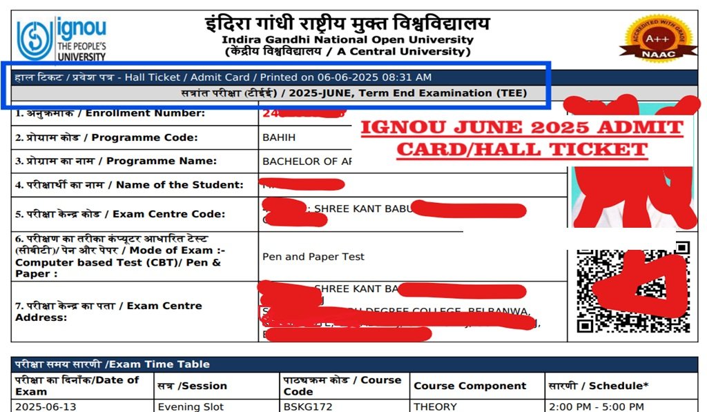 IGNOU Hall Ticket June 2025 Term-End Examination (TEE), Admit Card/Entry Card, How to Download, Instructions with All Important Points