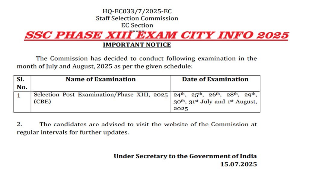 SSC Selection Post Phase XIII 2025 Exam City Intimation