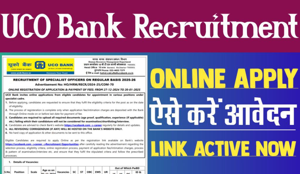 UCO Bank SO Recruitment Online Form 2025 for 68 Posts, Eligibility Criteria, Age Limit, How to Apply