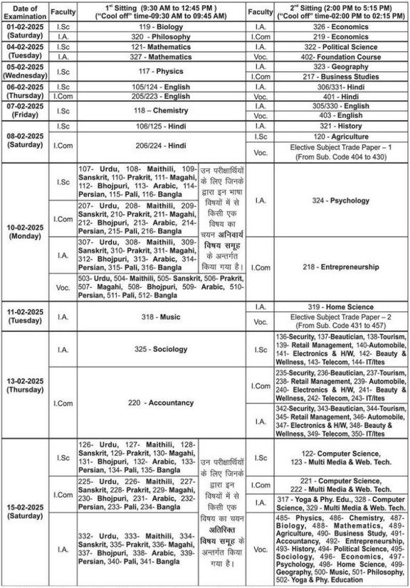 Bihar Board Inter Exam Time Table Exam 2025, Official Examination Program