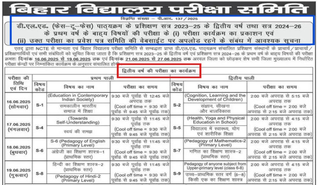 Bihar Deled 2023-25 2nd Year and 2024-26 1st Year Exam Program and Admit Card 2025 Out