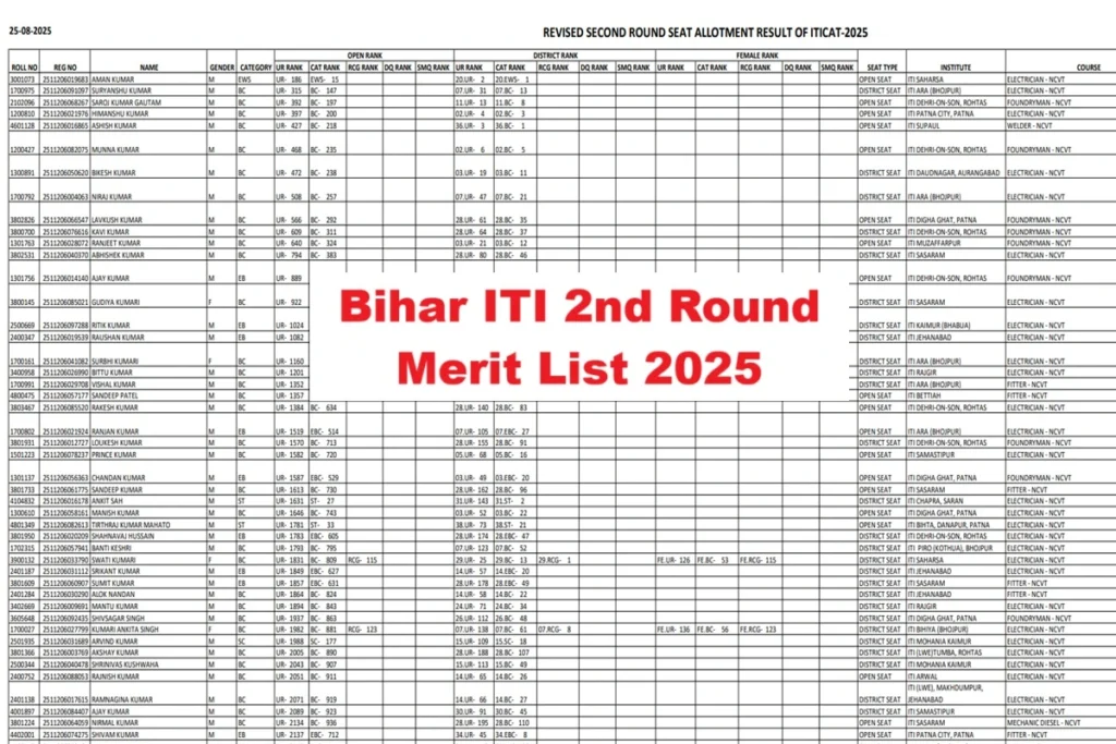 Bihar ITI Revised 2nd Round Seat Allotment Result 2025