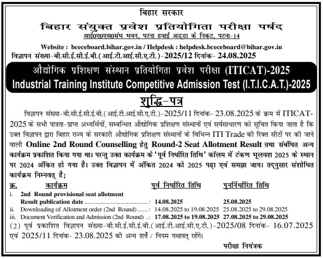 Bihar ITI Revised 2nd Round Seat Allotment Result 2025
