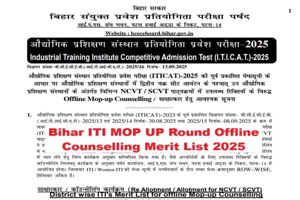 Bihar ITI MOP UP Round Offline Counselling Merit List 2025
