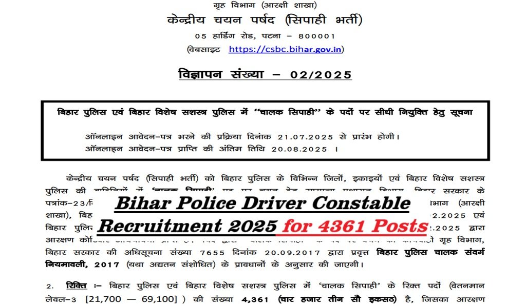 CSBC Bihar Police Driver Constable Recruitment 2025 for 4361 Posts