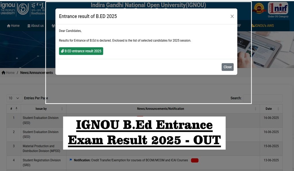 IGNOU B.Ed Entrance Exam Result 2025 Out - How to Check Result @https://www.ignou.ac.in/announcements