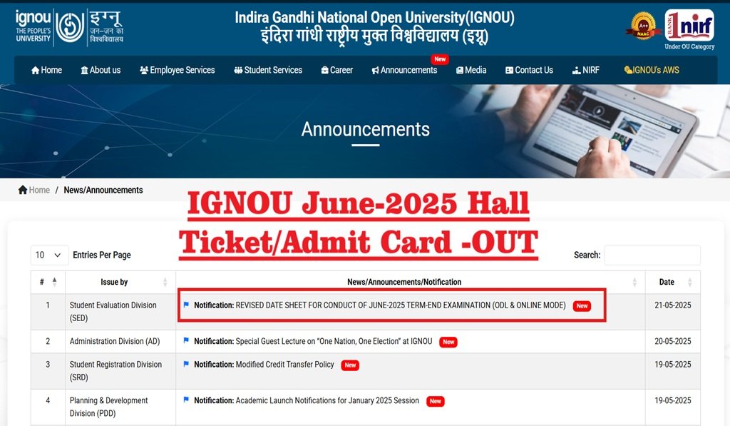 IGNOU June 2025 Hall Ticket Out, Instructions to Check Exam Center and Follow Exam Guidelines