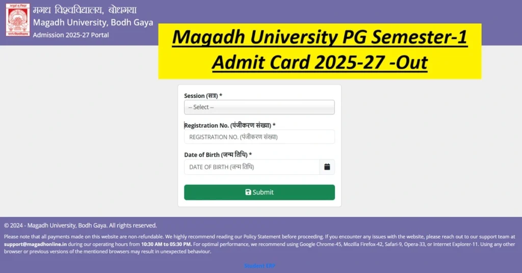 Magadh University PG Semester 1 Admit Card 2025-27