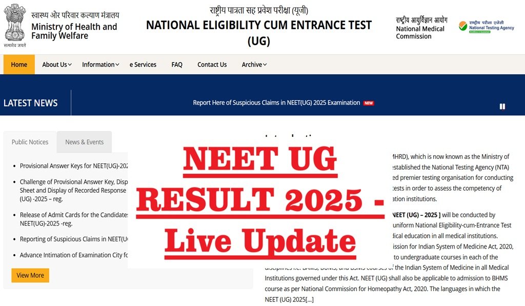 NEET UG Result 2025 Live Updates – Rank, Cut Off & Scorecard @ neet.nta.nic.in