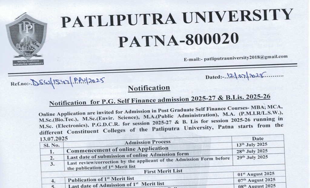 Patliputra University PG Vocational 2025-27 Admission Online, Application and Merit Schedule, How to Apply, Eligibility Criteria @admission.ppuponline.in