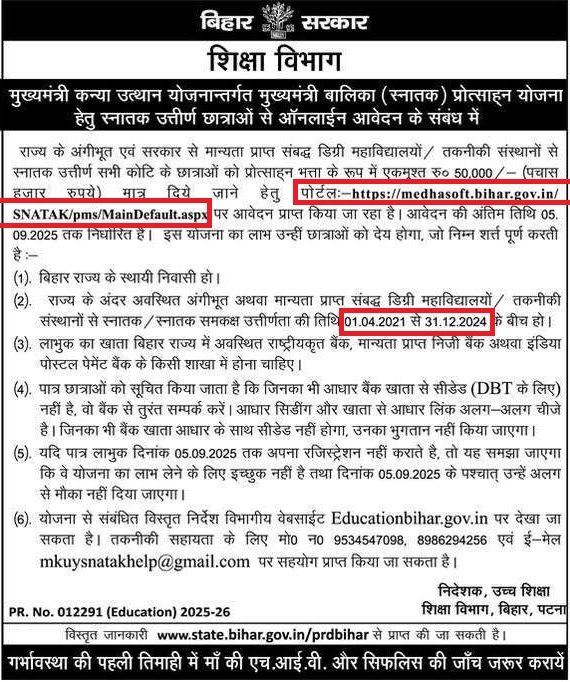 Bihar Graduation Kanya Utthan 2025 Online Form for 50,000 
