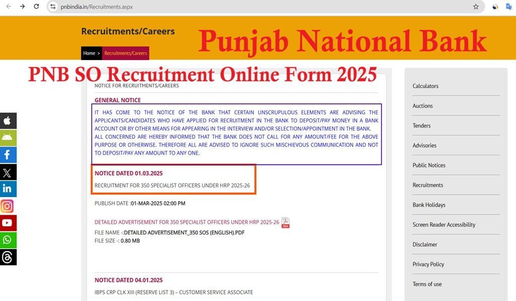 PNB Bank SO Recruitment Online Form 2025, Notification Out, Selection Process, How to Apply, Read the Official Notification Before Registration a