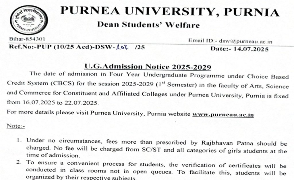 Purnia University UG 1st Merit List 2025-29 Out