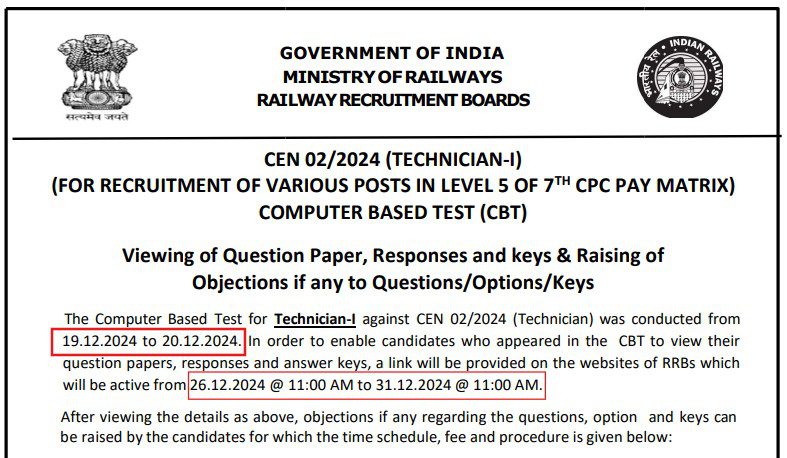 RRB Railway Technician Grade-1 Answer Key 2024