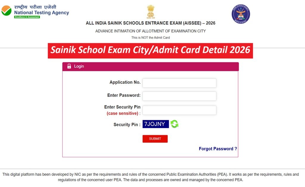 AISSEE Sainik School Exam 2026 Exam City Details