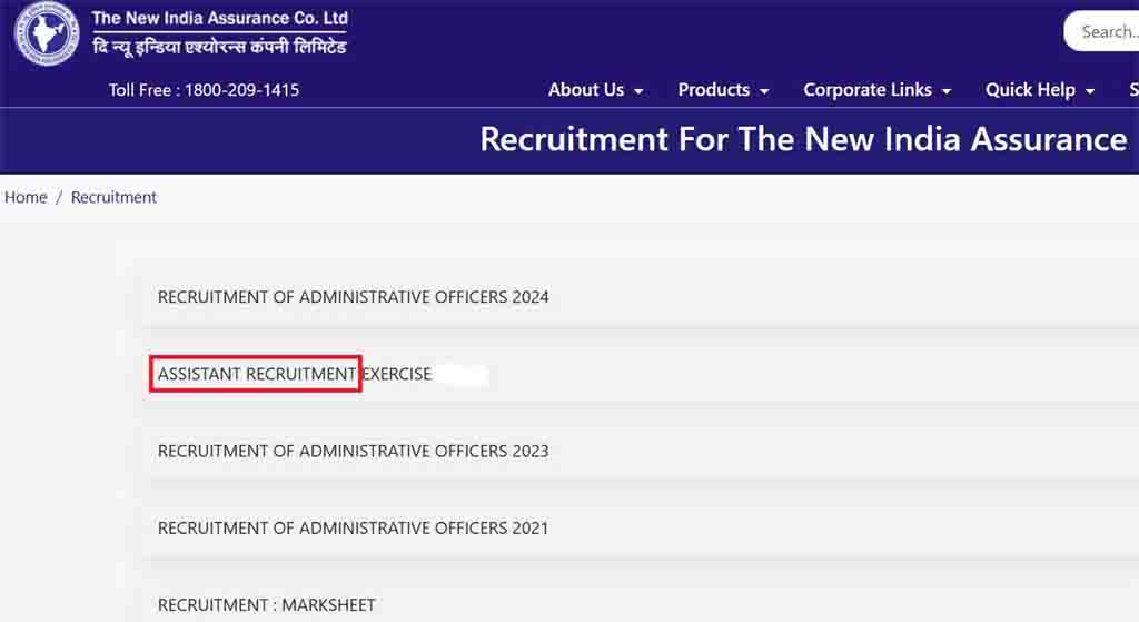 The New India Assurance Assistant Recruitment Online Form 2024